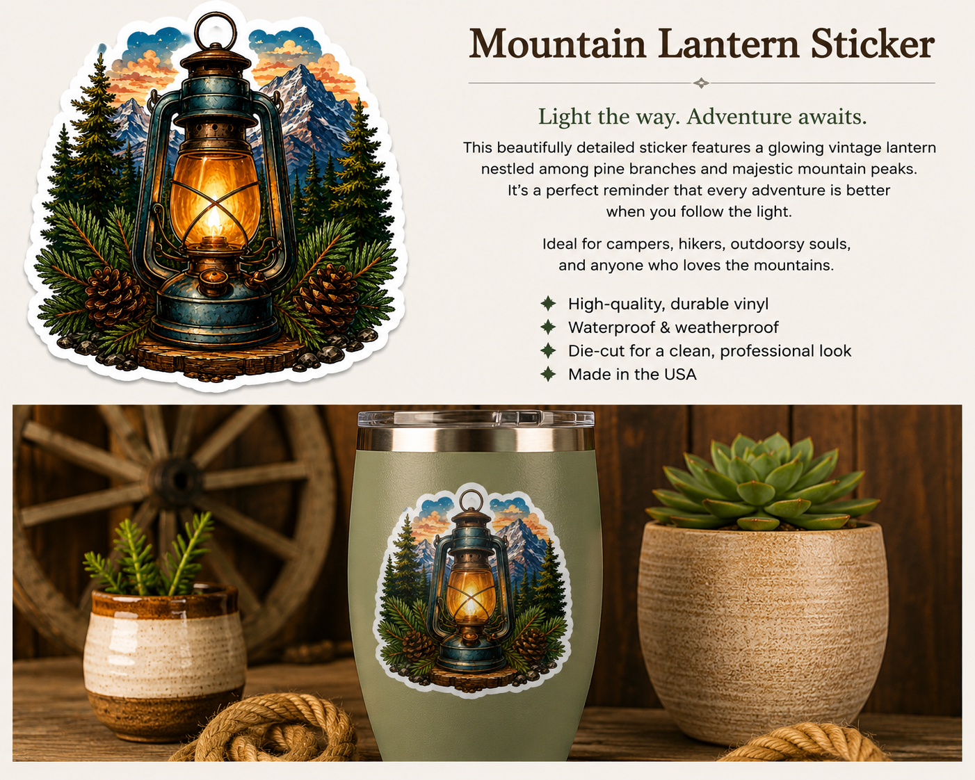 Mountain Lantern Sticker | Camping & Adventure Vinyl Decal