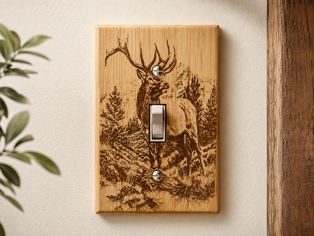 Engraved Elk Light Switch Cover | Rustic Wildlife Wood Switch Plate