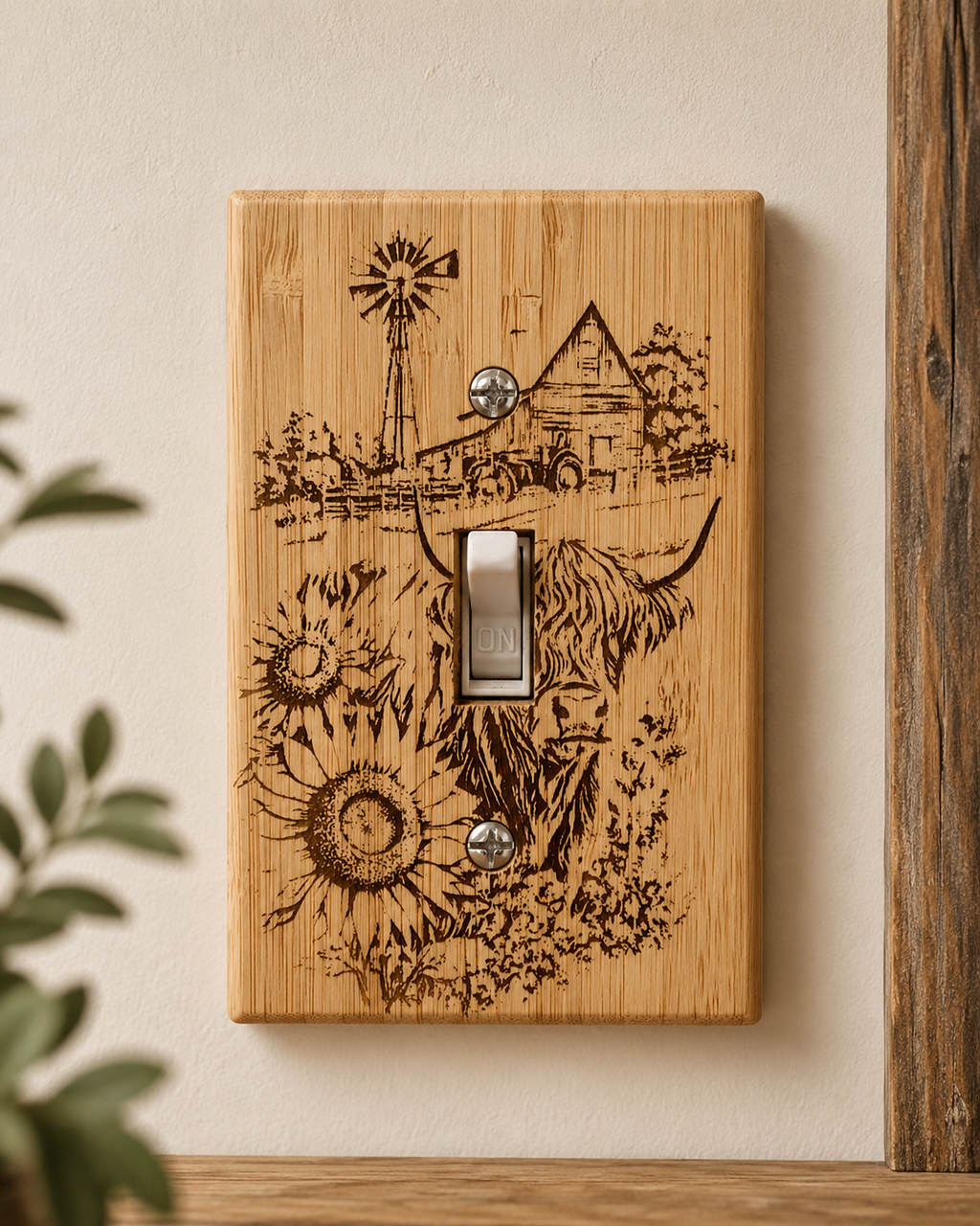 Engraved Farmhouse Light Switch Cover | Rustic Longhorn & Barn Wood Switch Plate