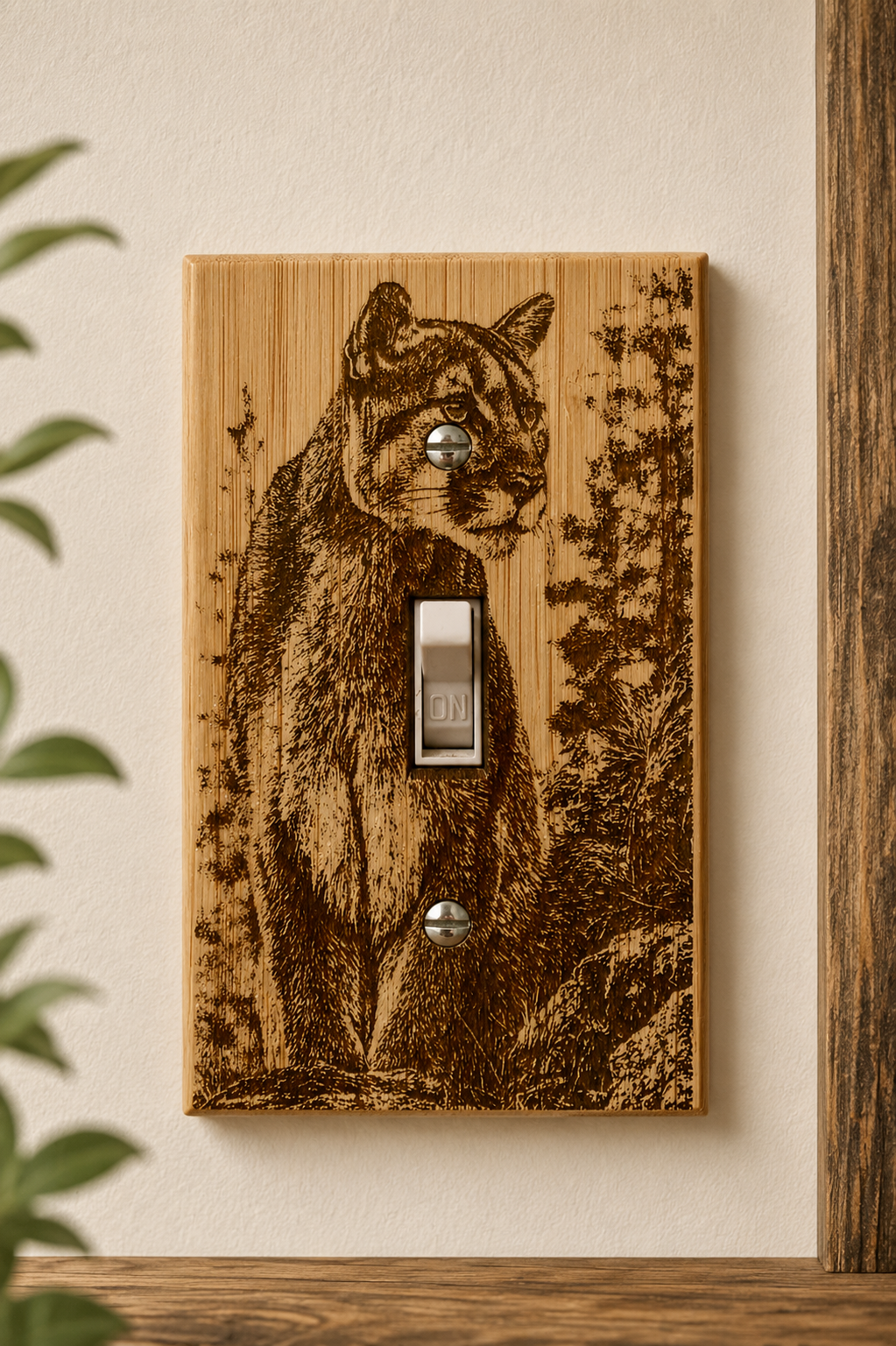Engraved Mountain Lion Light Switch Cover | Rustic Wildlife Wood Switch Plate