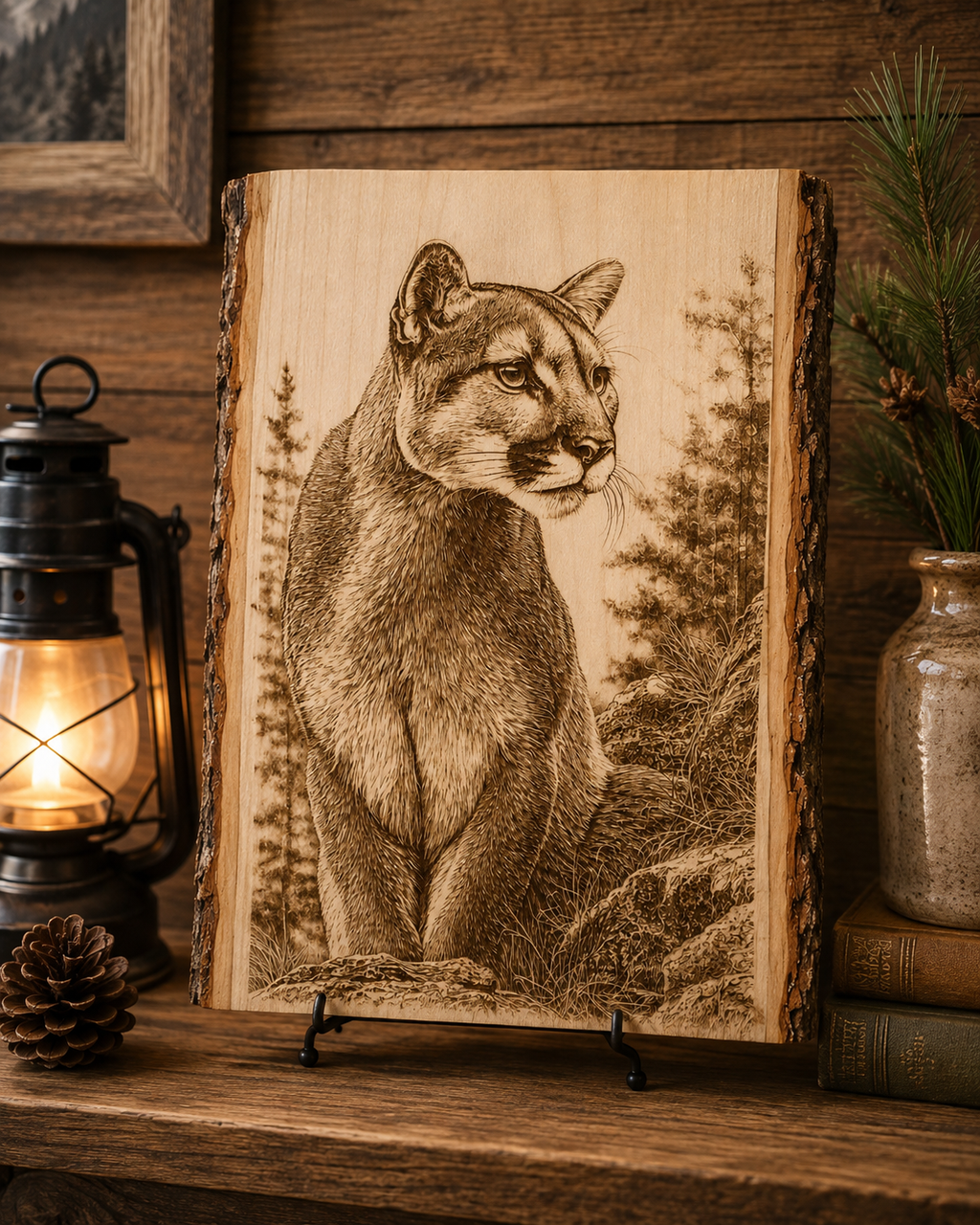 Mountain Lion Engraved Wood Plank | Rustic Wildlife Wall Art