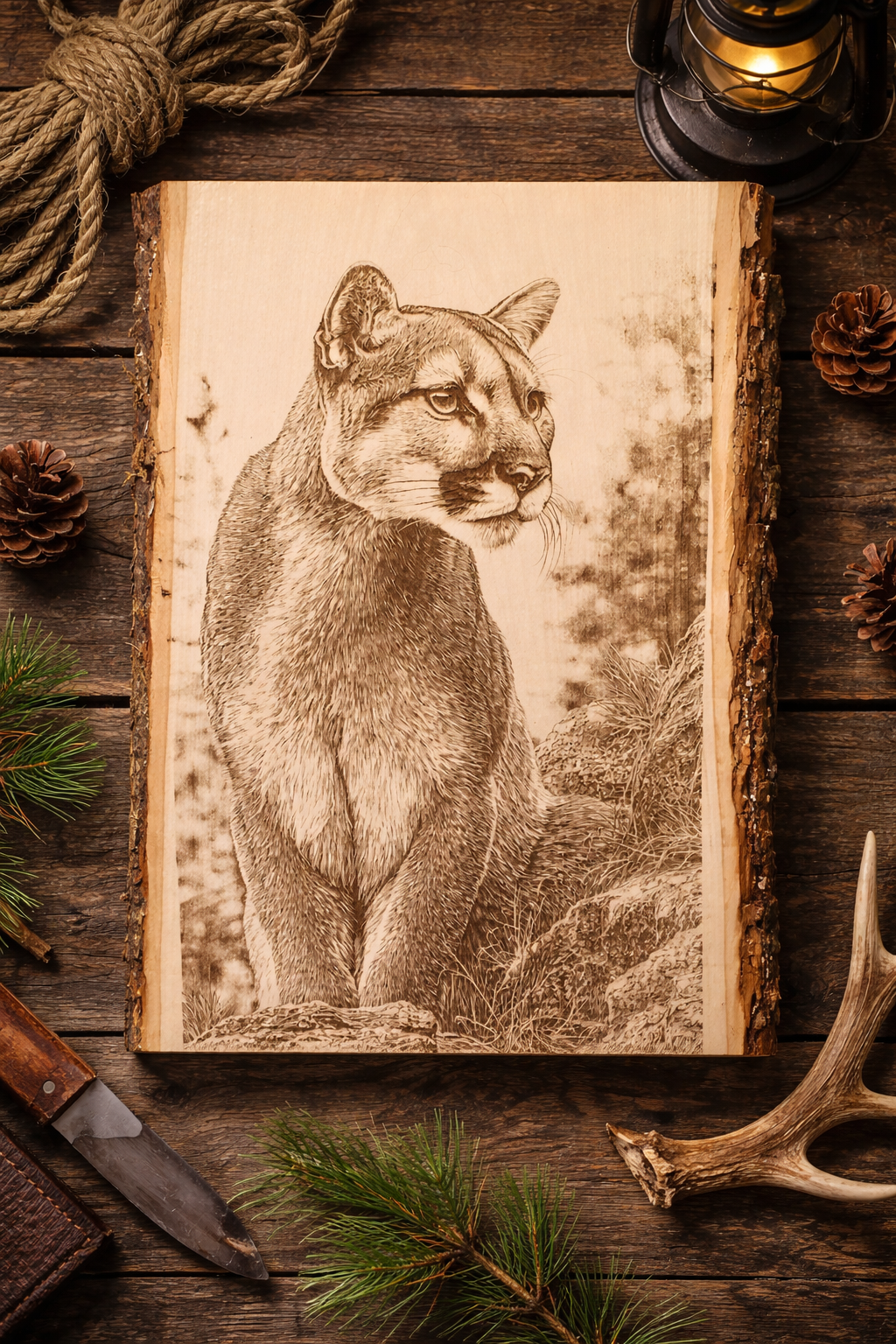 Mountain Lion Engraved Wood Plank | Rustic Wildlife Wall Art