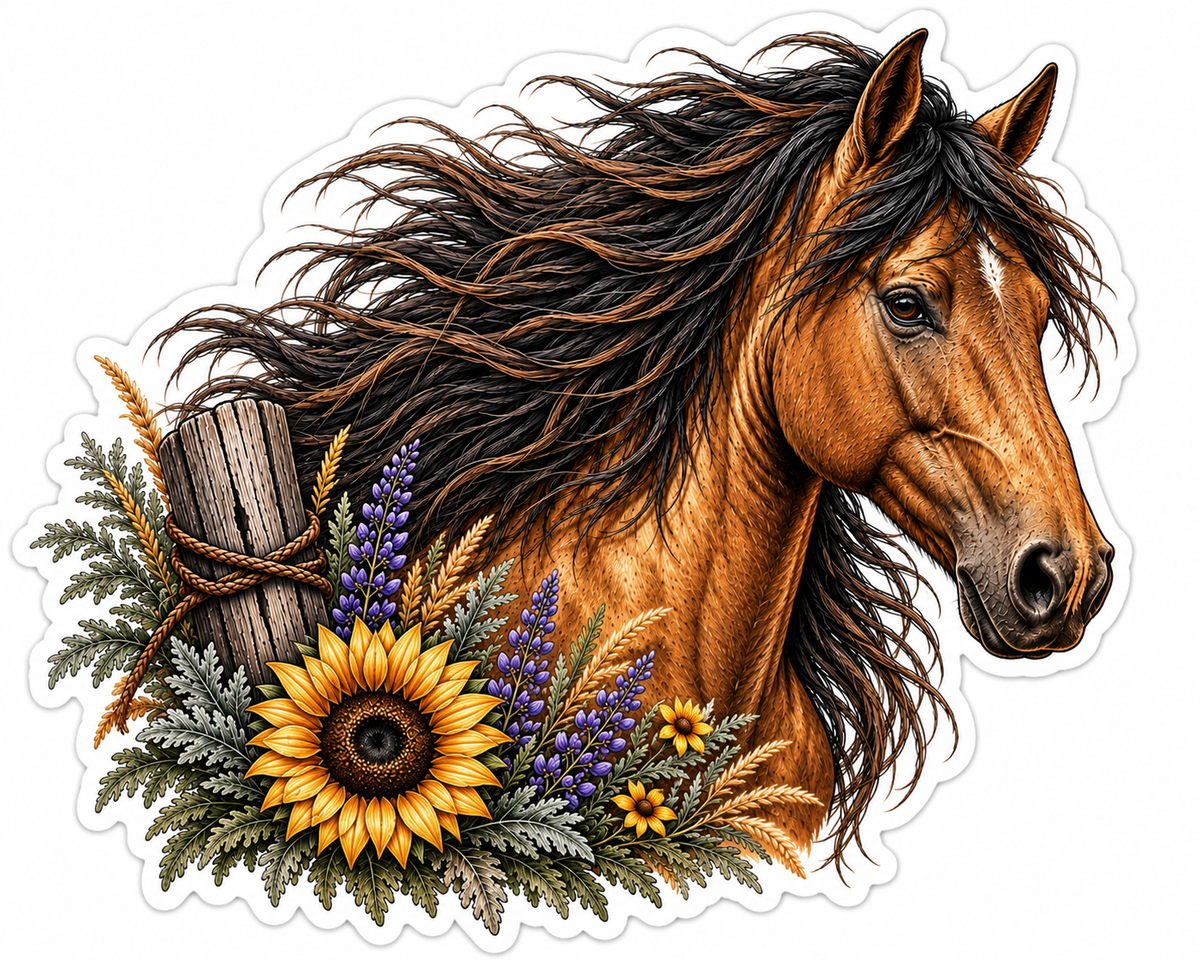 Mustang Horse Sticker | Wild Horse & Wildflower Decal