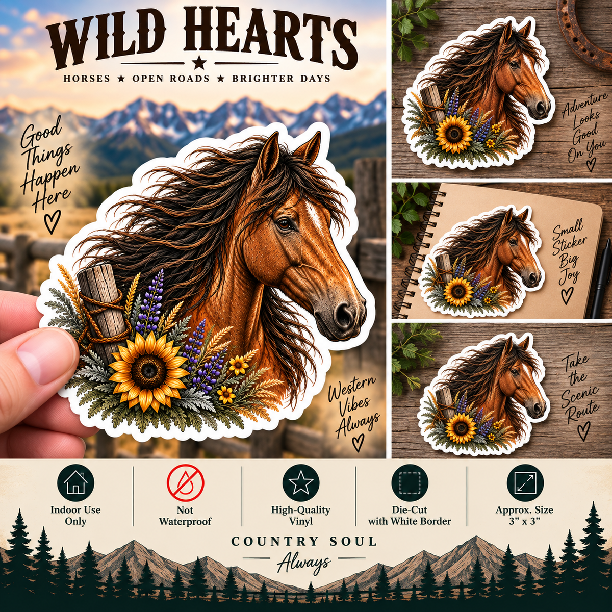 Mustang Horse Sticker | Wild Horse & Wildflower Decal