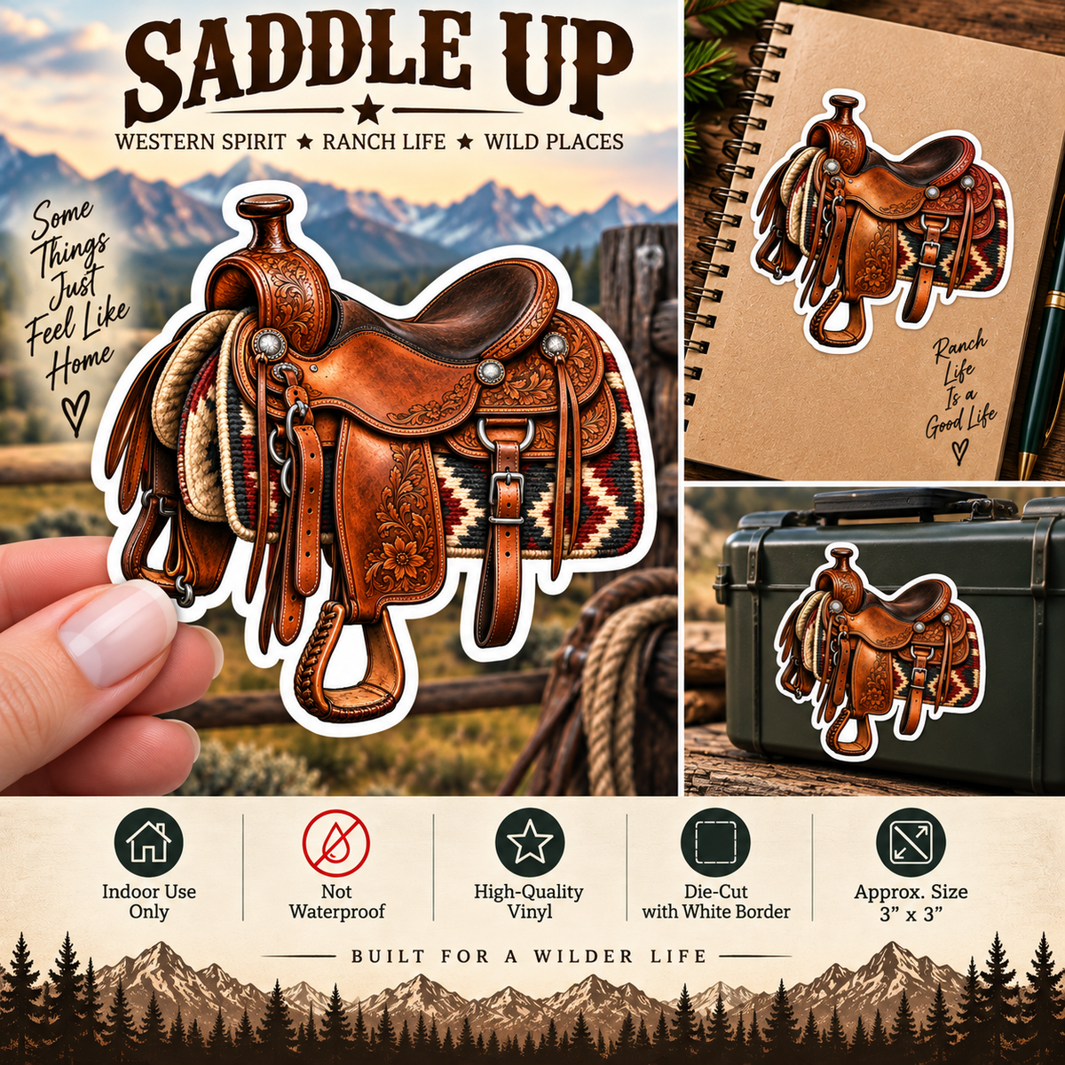 Western Saddle Sticker | Rustic Cowboy Saddle Vinyl Decal