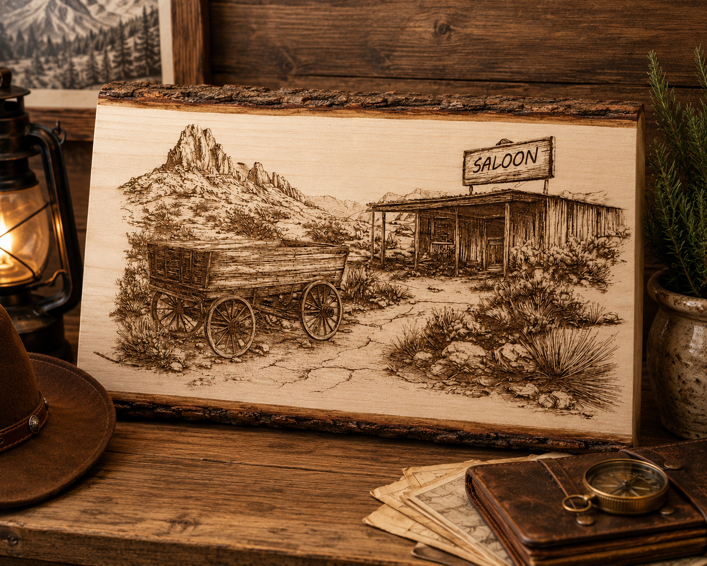 Western Wagon & Saloon Engraved Wood Sign | Rustic Old West Decor