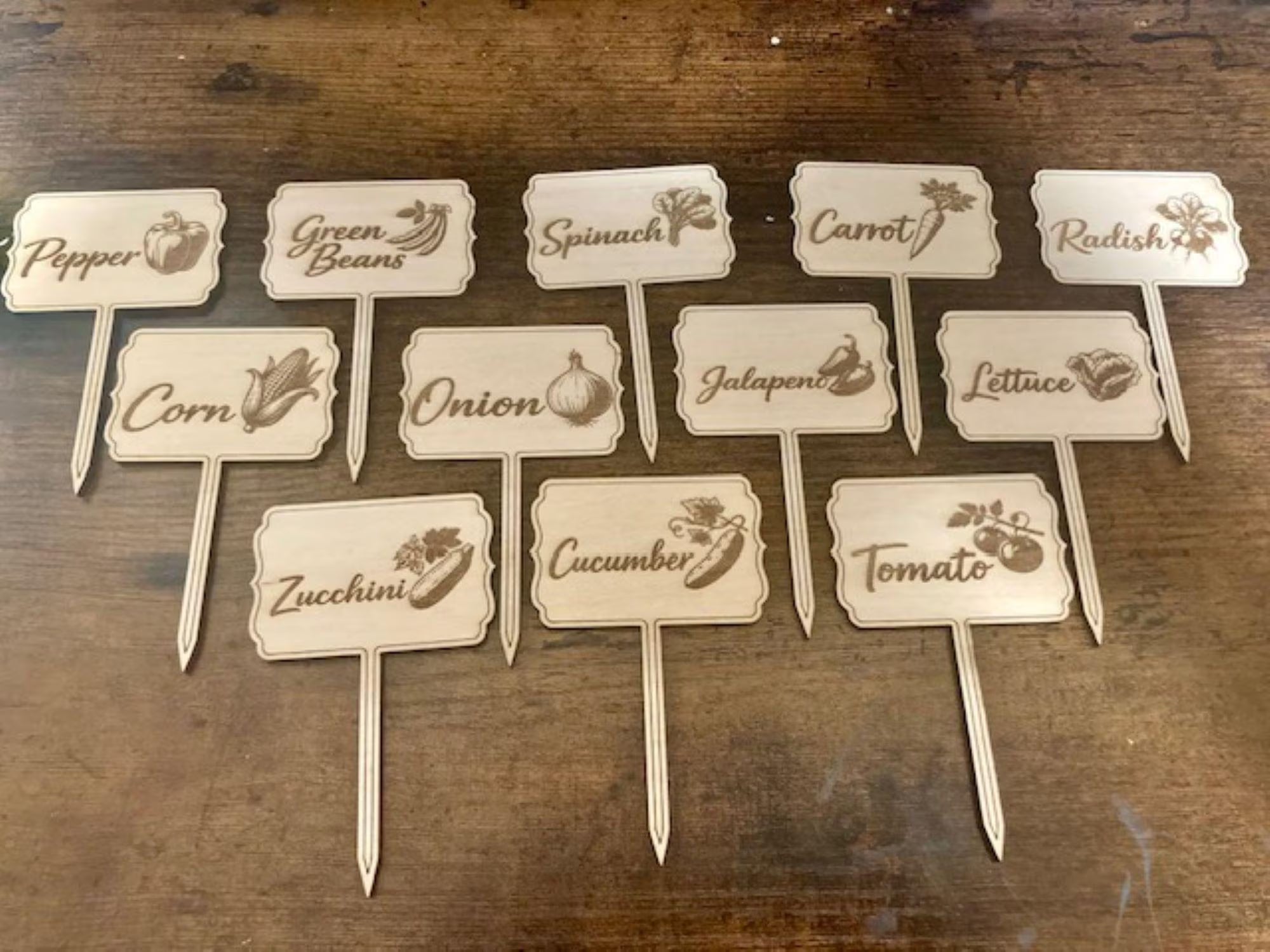 Set of 15 Engraved Wooden Garden Markers | Vegetable Plant Labels