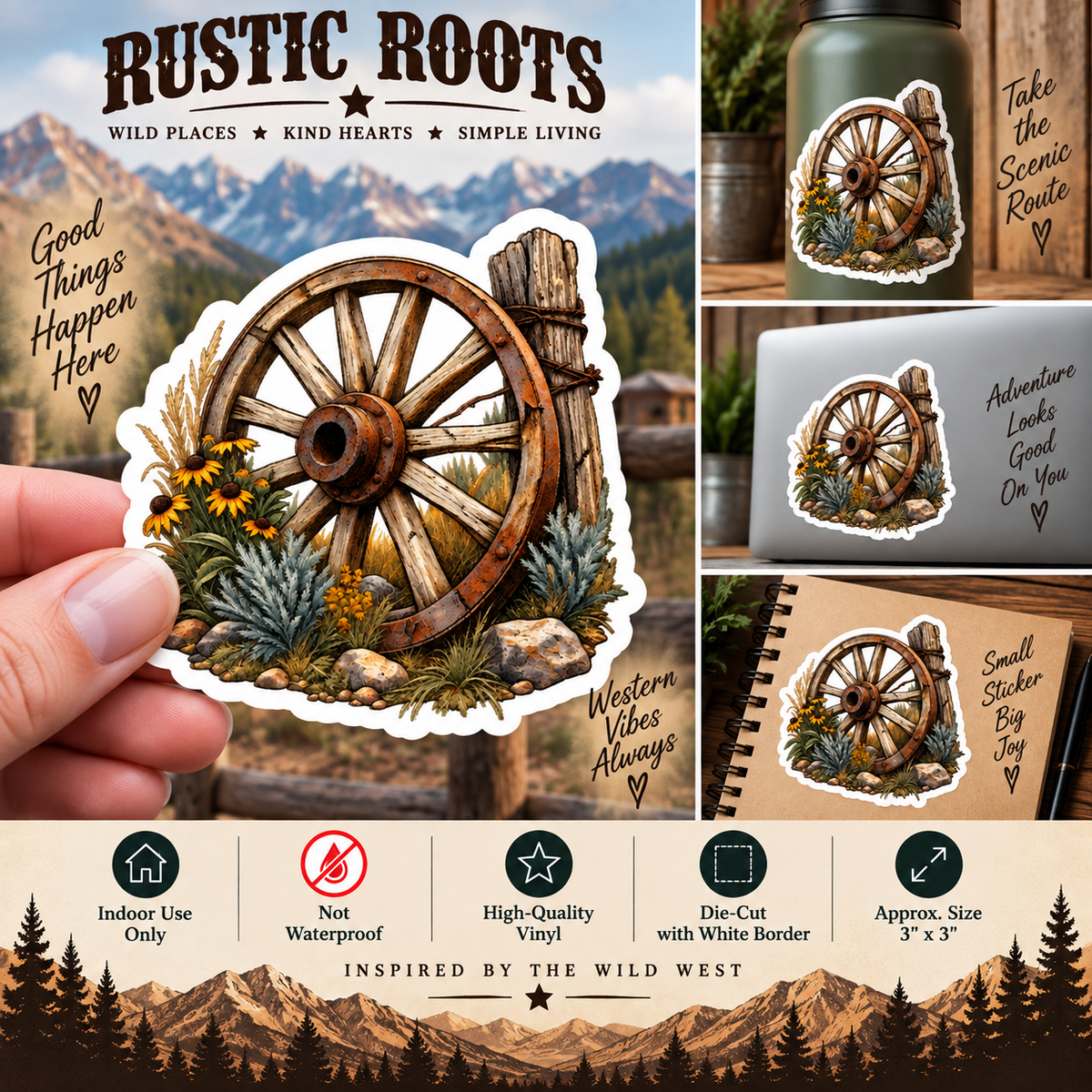 Rustic Wagon Wheel Wildflower Sticker | Western Vinyl Decal