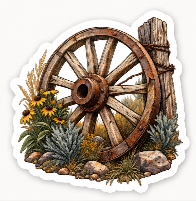 Rustic Wagon Wheel Wildflower Sticker | Western Vinyl Decal
