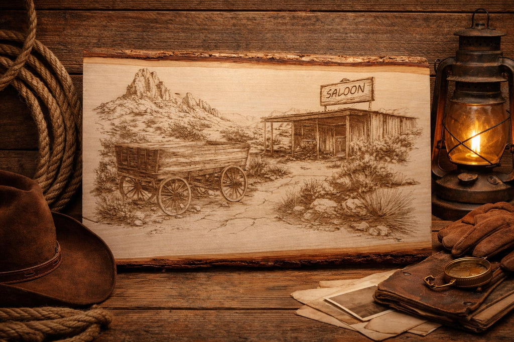 Western Wagon & Saloon Engraved Wood Sign | Rustic Old West Decor