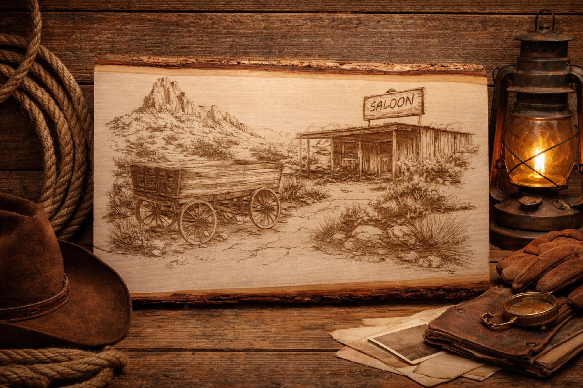 Western Wagon & Saloon Engraved Wood Sign | Rustic Old West Decor
