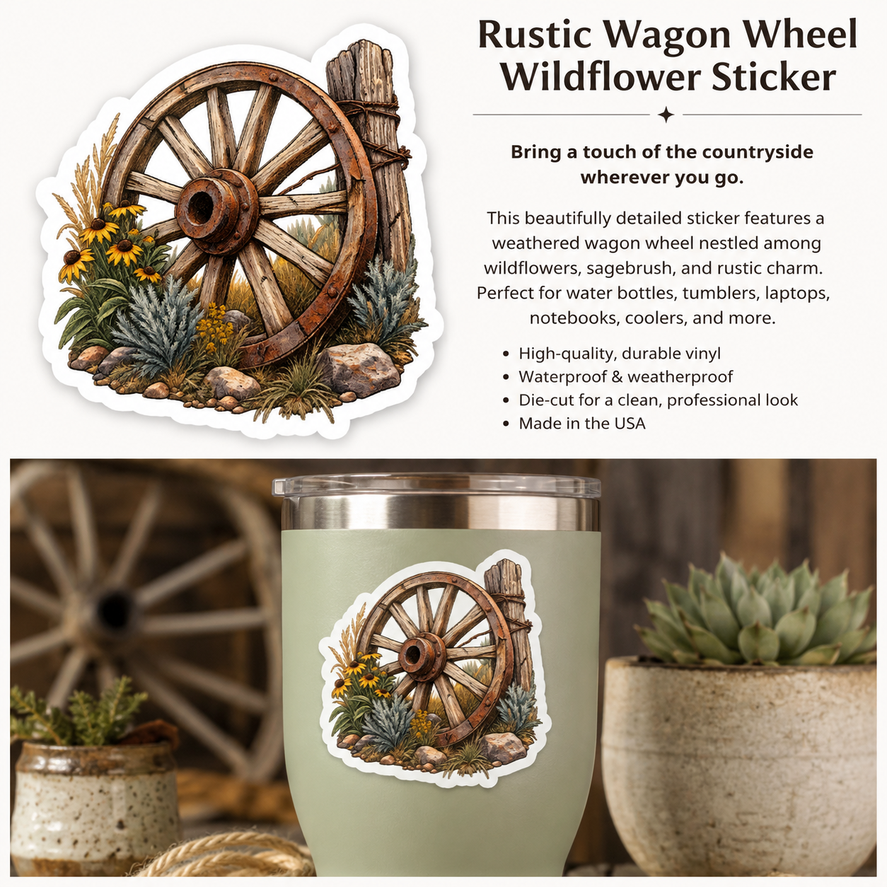 Rustic Wagon Wheel Wildflower Sticker | Western Vinyl Decal